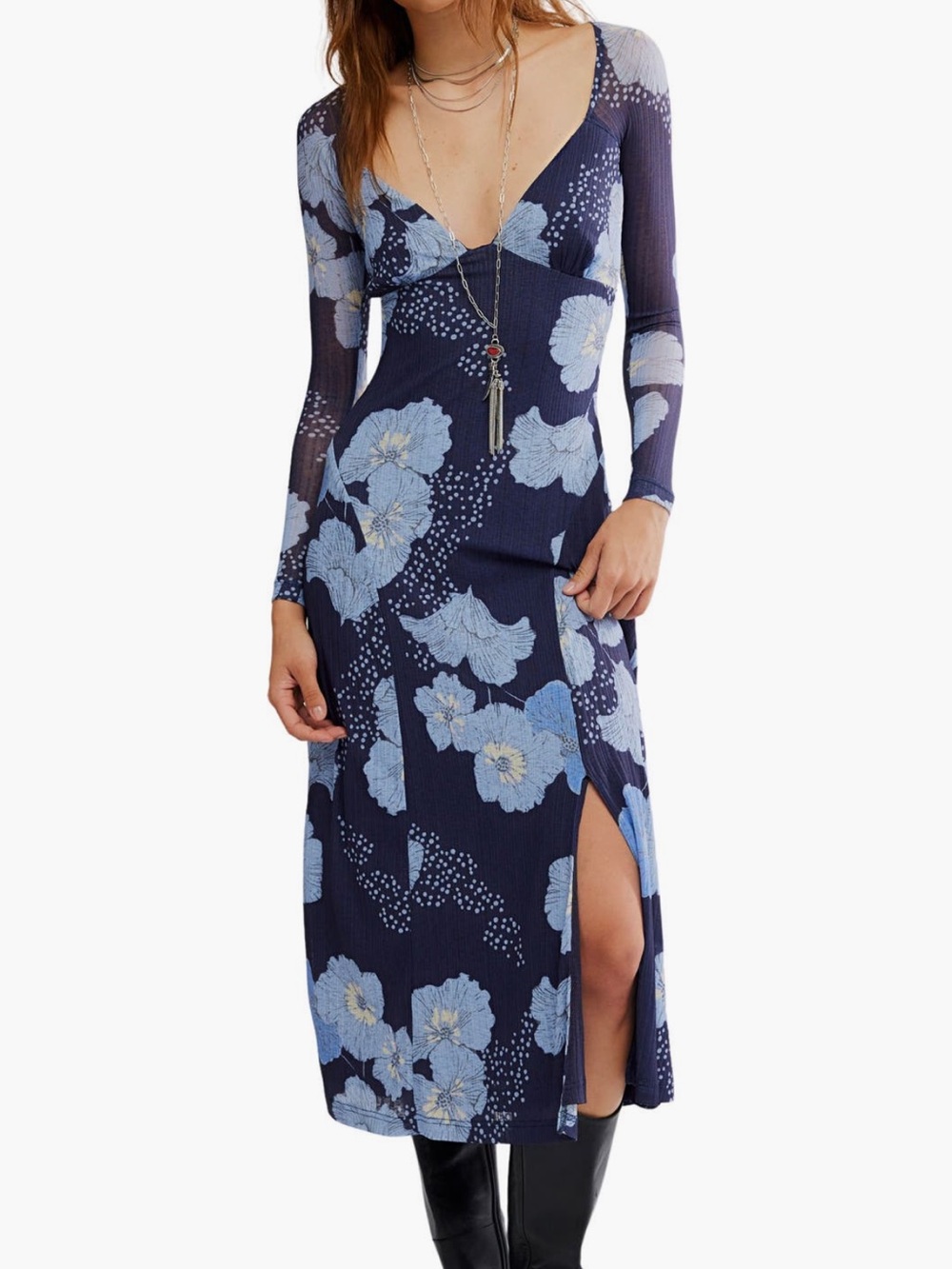 NWT Free People 🩵💙 Calla Floral Long Sleeve Knit Midi Dress